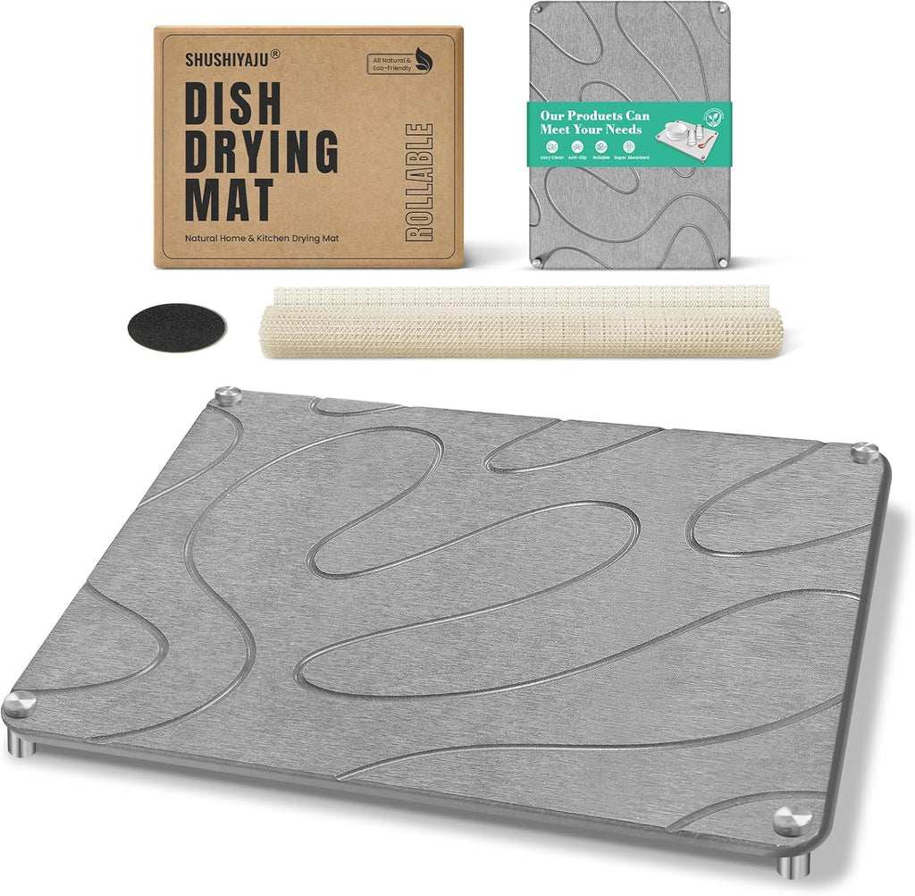Stone Drying Mat For Kitchen Counter Superb Absorbent Diatomaceous Earth Mats with Non-Slip Feet Quick Dry Stone Dish Drying Pad Dish Pad Multi-Purpose(Flow Line-MediumGray, 15.7" x 11.8")