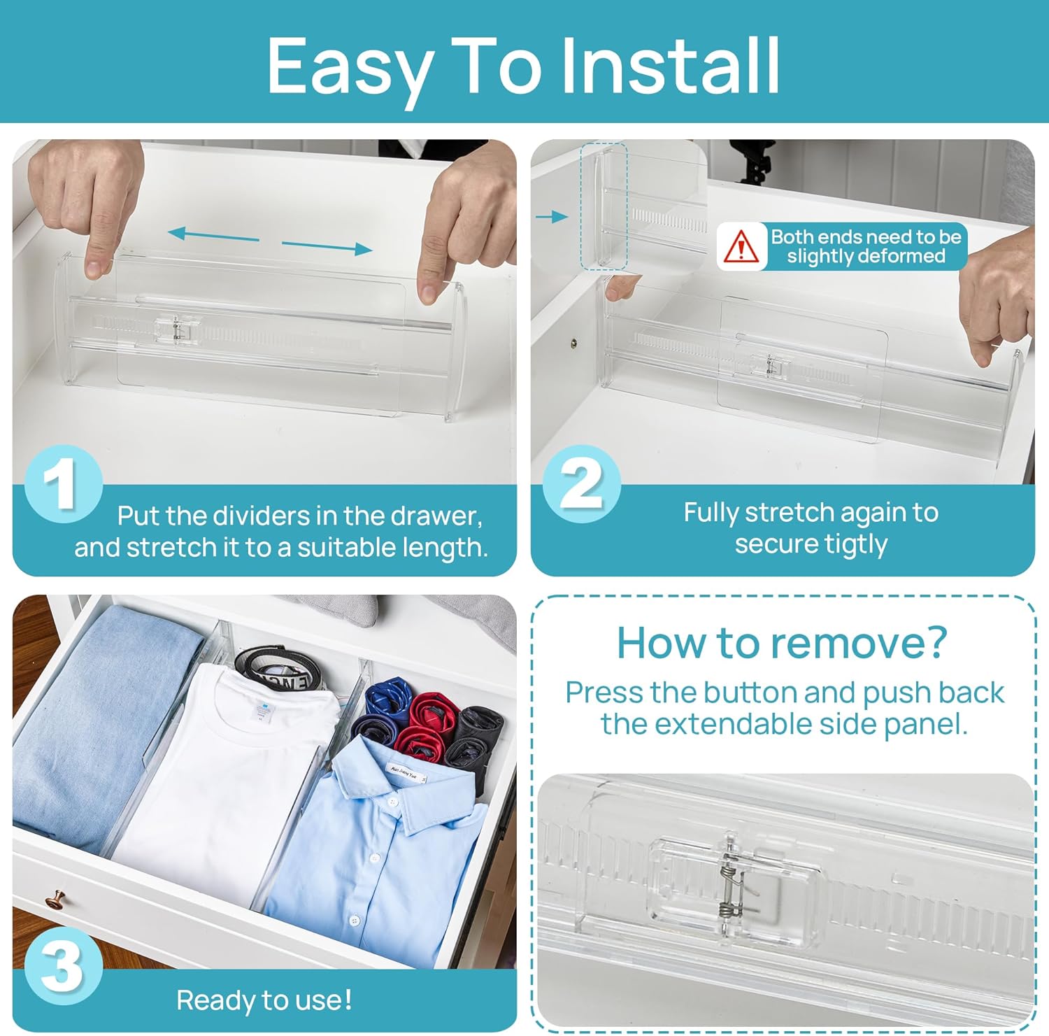 Vtopmart 4 Pack Drawer Dividers for Clothes, 4" High 10.2"-16.6" Adjustable Expandable Dresser Drawer Organizer, Clear Plastic Separators for Dresser, Baby Clothing, Underwear, Cosmetic, Toiletries