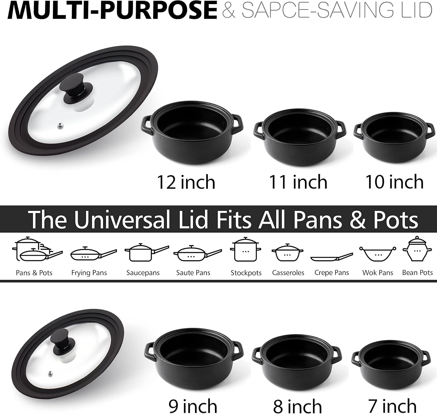 Anaeat Silicone Universal Lid for Pots, Pans and Skillets - Tempered Glass Covered with Heat Resistant Silicone Rim Fits All 7" to 12" Diameter Cookware -Easy to Use Replacement Frying Pan Cover