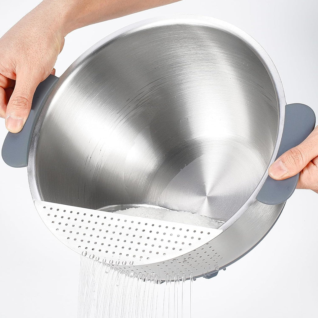 Rice Washer Strainer Bowl Quinoa Washing Bowl 18/10 Stainless Steel Colander Versatile Good Grips Side Drainers for Cleaning Rinsing Fruits, Vegetables, and Beans - Tilting Non-slip Silicone Bottom