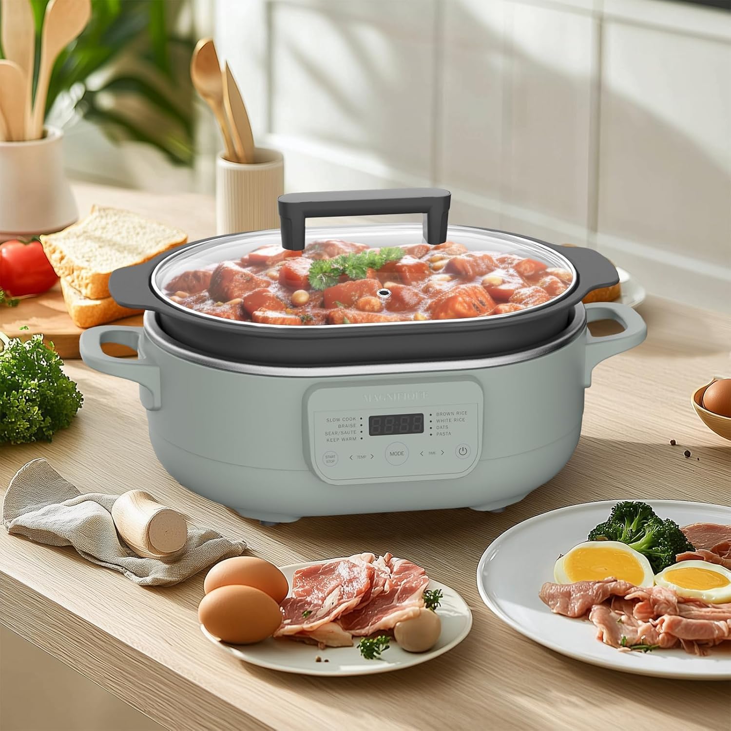6 Quart Slow Cooker, with 8-in-1 Multi-Cooker, Casserole Programmable crock pot, Dutch Oven, Pasta, Nonstick, Oven Safe Pot to 500°F, Olive