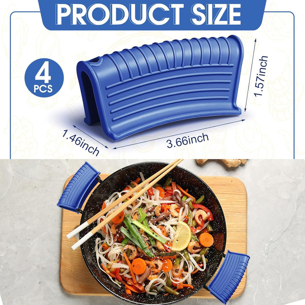 Patelai 4 Pcs Silicone Assist Hot Pan Handle Holder Pot Handle Covers for Cast Iron Skillets Holder Sleeve Nonslip Heat Resistant Pan Cover for Enameled Griddles Casserole Frying Cookware(Blue)