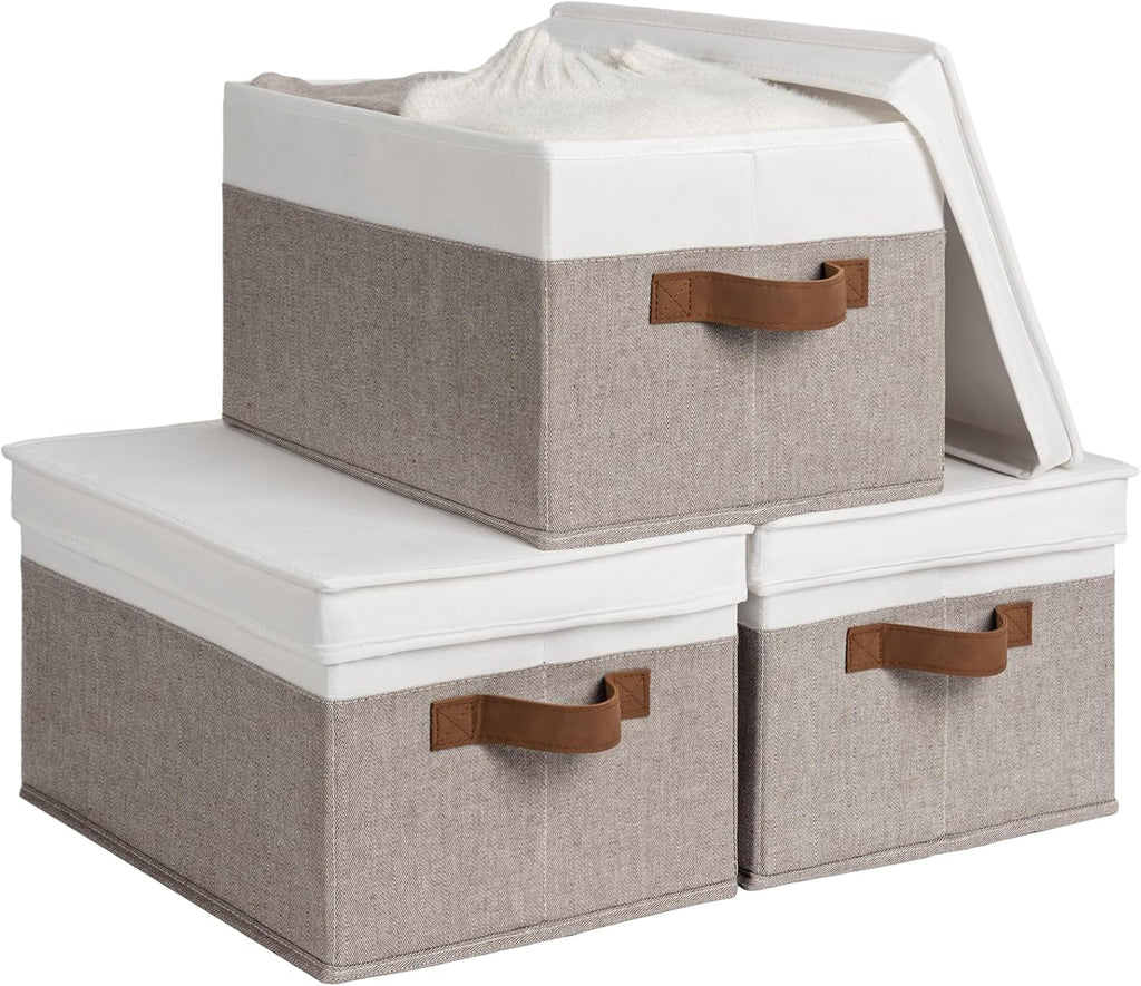 StorageWorks Large Storage Bins with Lids, Decorative Storage Boxes with Lid and PU Handles, Foldable Storage Baskets for Closet, Shelves, Stackable, Brown and White, 3-Pack