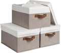StorageWorks Large Storage Bins with Lids, Decorative Storage Boxes with Lid and PU Handles, Foldable Storage Baskets for Closet, Shelves, Stackable, Brown and White, 3-Pack