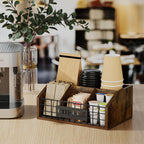 YINMIT Coffee Station Organizer for Countertop, Wood Coffee Bar Organizer with Removable Dividers for Pods, Syrup, Cups, Stirrer, Tea - Office Bar Accessories, Iron Wire-Vintage Brown