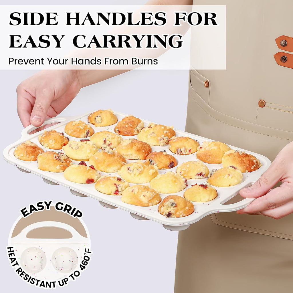8 Pcs Silicone Muffin Pan Set, 12 Cup Regular and 24 Cup Mini Nonstick Muffin Tray with 6 Pcs Utensils, Silicone Muffin Pan for Baking with Metal Reinforced Frame BPA Free (8 Pcs, Cream)
