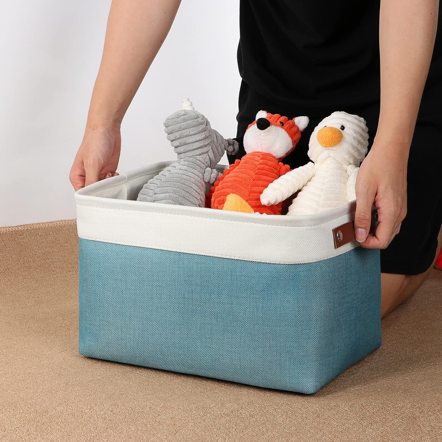 DULLEMELO Storage Baskets for Shelves, Fabric Collapsible Rectangular Storage Bins for Shelves, Closets, Nursery, Home, Empty Gift Baskets (3-Pack Medium-15 inch X 11 inch X 9.5 inch , White&Teal)