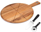 Acacia Wood Pizza Peel, 12 inch Pizza Cutting Board Set with Pizza Cutter and Server, Wooden Pizza Paddle Pizza Chopping Board with Handle for Homemade Pizza, Baking, Cutting Vegetable, Cheese