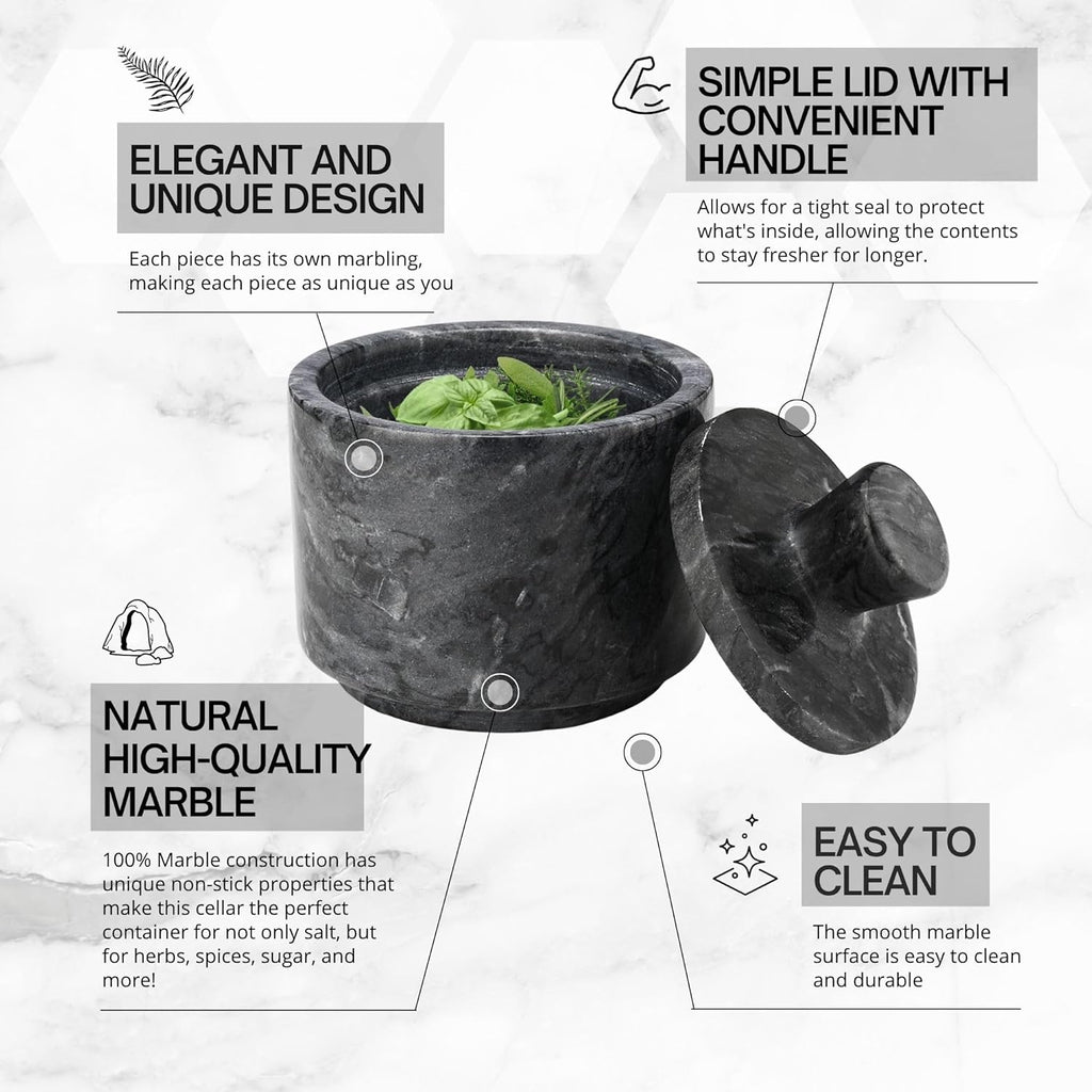Flexzion Marble Salt Cellar with Lid - Salt and Pepper Bowls Dish Container for Kitchen - Marble Pepper Jar Storage Box Holder for Paprika, Herbs, Sugar, Jewelry & Watches (Set of 2, Black & White)