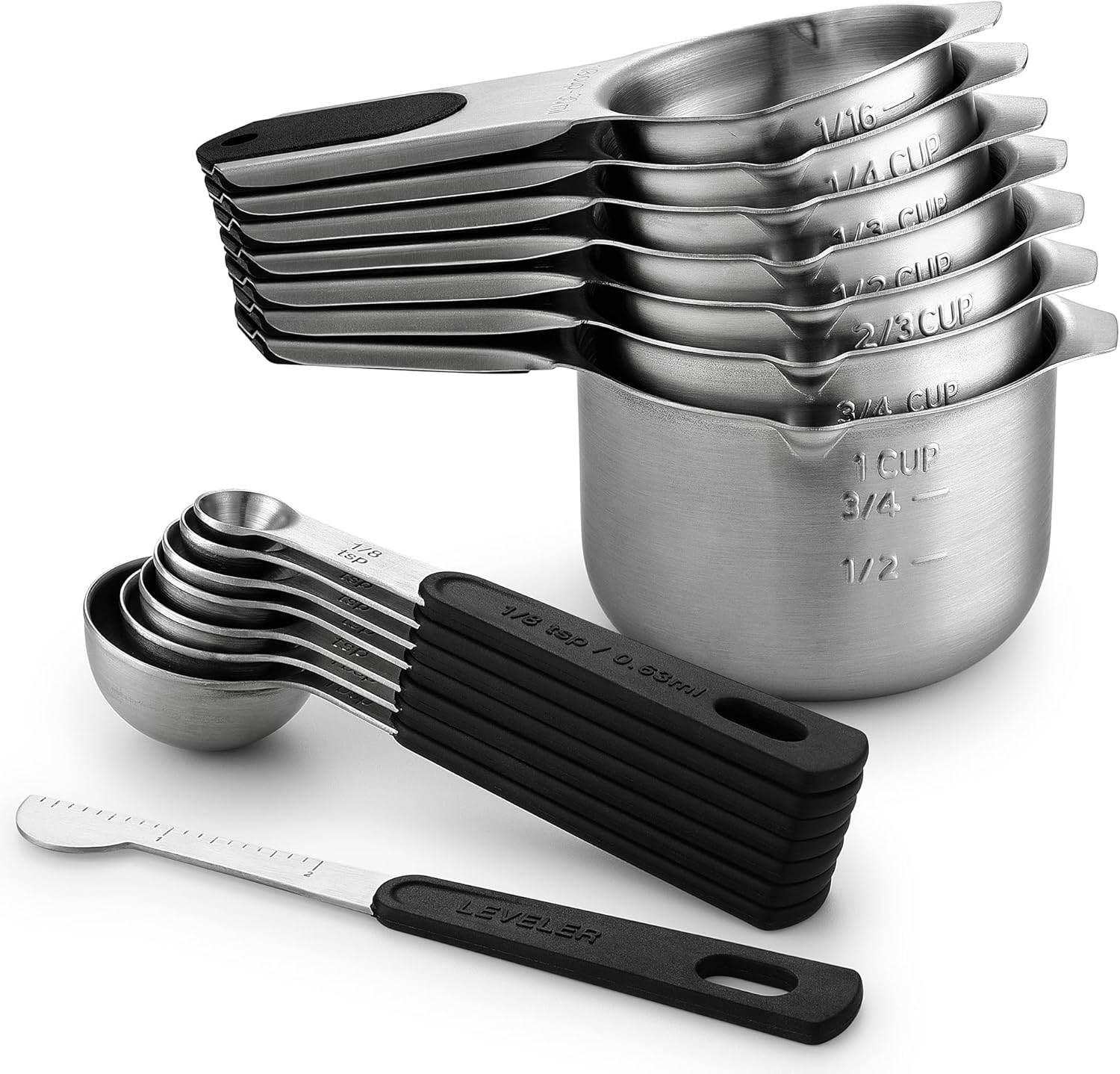 Spring Chef Magnetic Measuring Cups & Spoons Set (Patent Pending), Strong N45 Magnets, Heavy Duty Stainless Steel Fits in Spice Jars for Baking & Cooking, BPA Free, Round Set of 15 with Leveler, Black