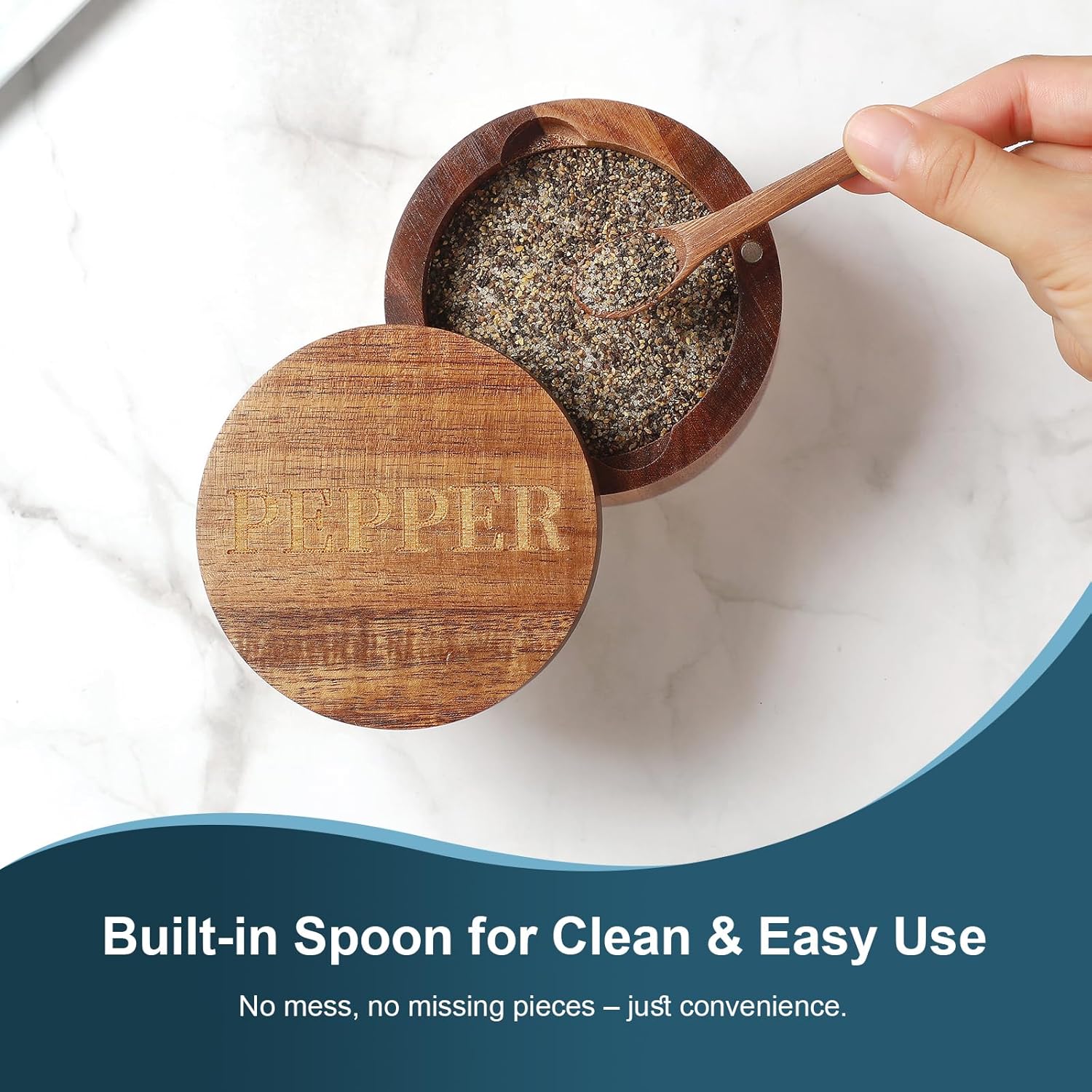 PEPPER Cellar, Acacia Wood Salt Container with Built-in Spoon & Swivel Lid, Engraved PEPPER Box, Salt Holder Bowl for Countertop Seasoning Storage