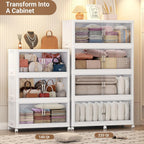 105Gal Plastic Stackable Storage Bins with Lid, 420QT Extra Large Closet Organizers Collapsible Cabinets Boxes With Drawers, Foldable Containers with 4x Wheels for Home Kitchen, V60 3Pack White