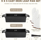 HONGBAKE 2 in 1 Cast Iron Bread Pan with Lid, Lid Lever, Long Oven Mitts, 9x5 Loaf Pans for Homemade Bread, Sourdough Baking Pan, Pre-Seasoned Nonstick Rectangular Dutch Oven, Banana Bread Tins
