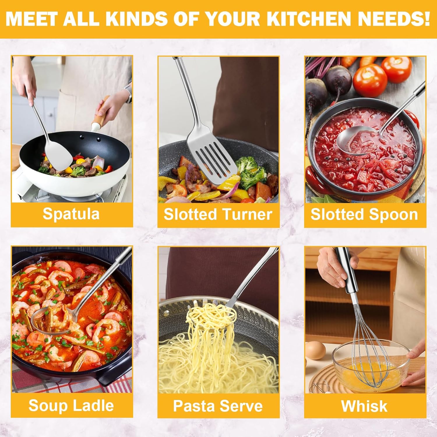 6-Piece Kitchen Cooking Utensils Set, Stainless Steel Kitchen Utensils with Suspendable Handle, Spatula, Slotted Turner, Soup Ladle, Slotted Spoon, Whisk, Pasta Server, Dishwasher Safe