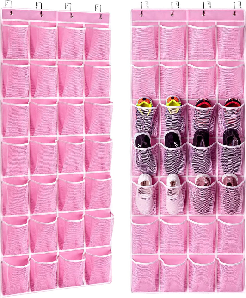 KEEPJOY 28 Pocket Over The Door Shoe Organizer, 2Pack Hanging Shoe Organizer for Door, Hanging Door Shoe Holder Rack with Mesh Pockets Large Size 65 x 23 inch (Pink-2Pack)