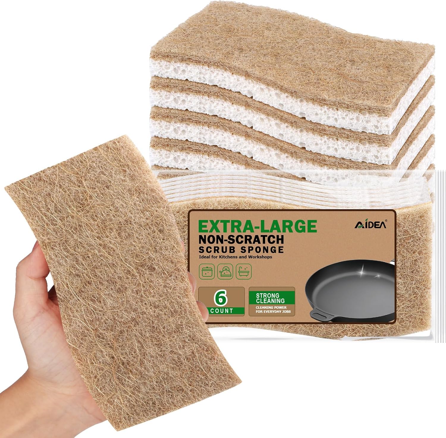 AIDEA XL Scrub Sponges Non-Scratch, 6Count, Large Natural Sponge for Non Stick Cookware, Sponges Kitchen, Cellulose Cleaning Sponge for Dishes, Kitchen, Bathroom, Household
