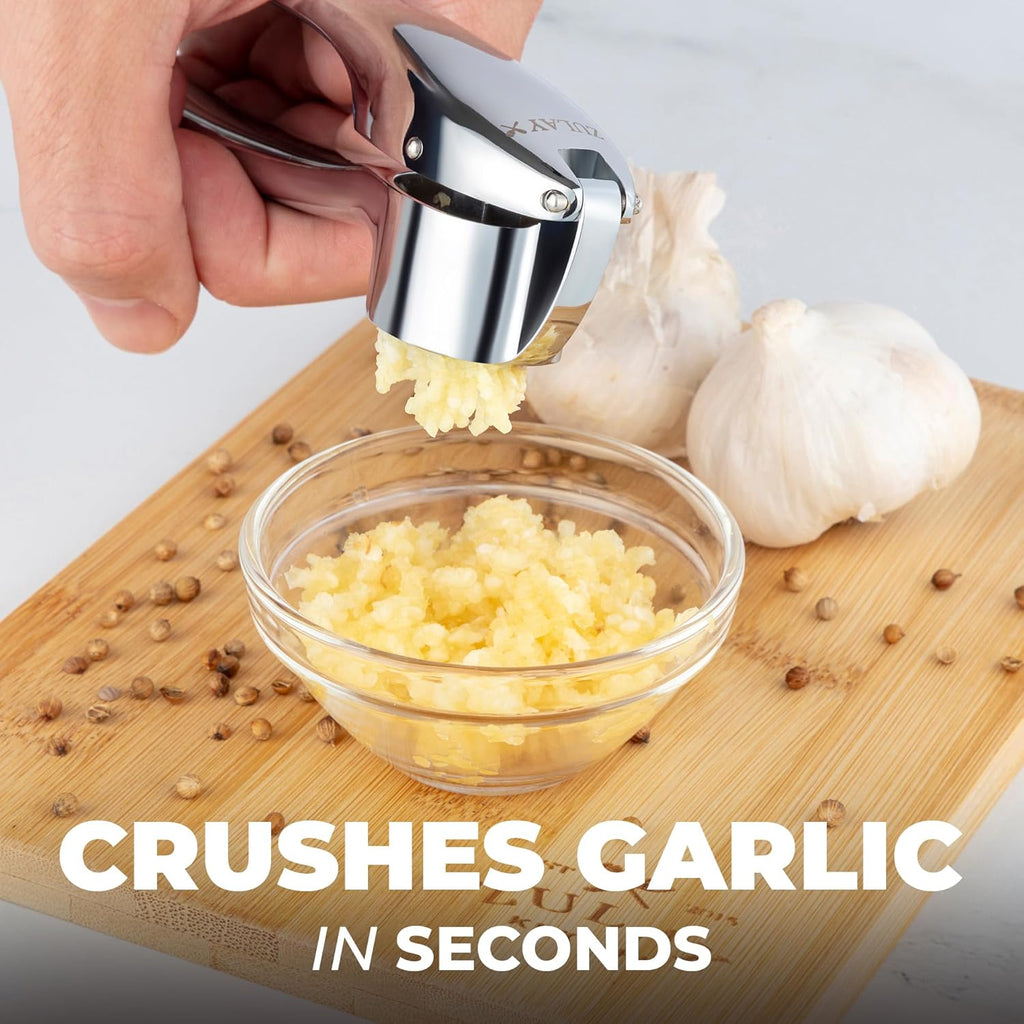 Zulay Kitchen Premium Garlic Press Set – Rust Proof & Dishwasher Safe Garlic Mincer Tool with Silicone Garlic Peeler & Brush, Easy Squeeze & Clean, Ergonomic Soft Grip Handle - Medium – Chrome