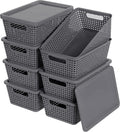 Plastic Storage Baskets With Lid, Storage Bins for Organizing, Stackable Decorative Containers for Shelves Drawers Desktop Closet Playroom Classroom Office, 8 Pack-Grey