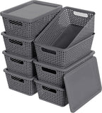 Plastic Storage Baskets With Lid, Storage Bins for Organizing, Stackable Decorative Containers for Shelves Drawers Desktop Closet Playroom Classroom Office, 8 Pack-Grey