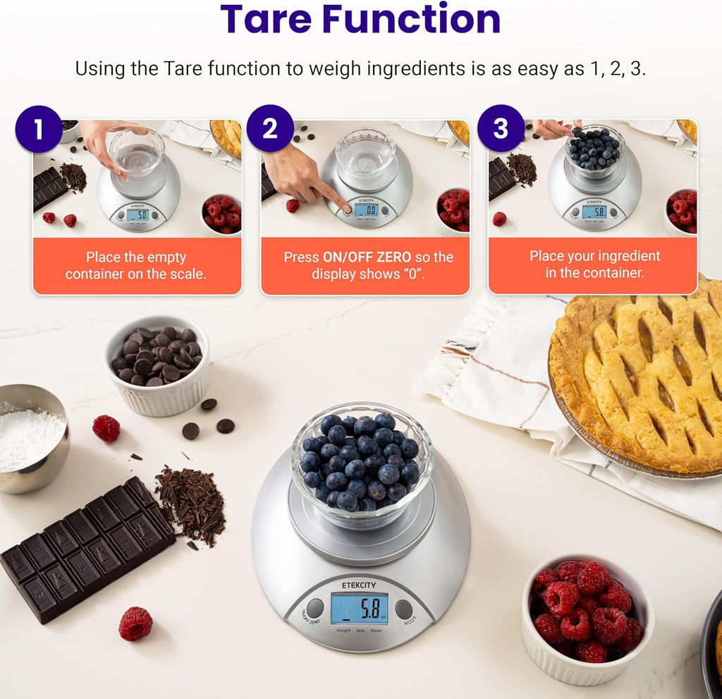 Etekcity Food Kitchen Scale With Bowl, Digital Ounces and Grams for Cooking, Baking, Meal Prep, Dieting, and Weight Loss, 11lb/5kg, Backlit Display