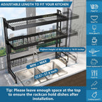 Over Sink Dish Drying Rack, 3 Tier Adjustable Length (20.87'' to 37.6'') Full Stainless Steel Large Storage Kitchen Dish Rack, Expandable Drainer Shelf Rack with Multifunctional Organizers