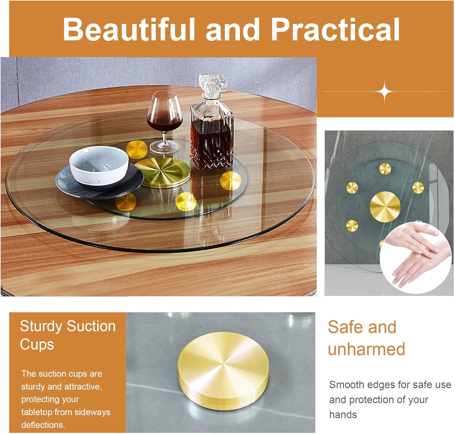 24" Tempered Glass Lazy Susan Turntable, 360° Silent-Spin Round Clear Tabletop Rotating Tray, Centerpiece for Dining Tables, Smooth Rotation, for Banquets, Weddings & Family Gatherings
