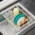 Small Dish Drying Rack in Sink, Expandable Stainless Steel Dish Drainers for Kitchen Counter, with Drain Board & Utensil Holder(White)