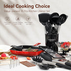 Silicone Cooking Utensils Set, NCUE 35 Pcs Kitchen Utensils Set with Holder, with Stainless Steel Handle Spatula Set, Spoons, Pasta Server, Cheese Grater, Masher, Scissors, Dishwasher Safe (Black)