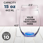 Custom Stemless Wine Glasses in Bulk by ARC Perfection, 15 oz, 10 pack, Personalized Text, Logo, Red or White Wine Glass Set, Blue
