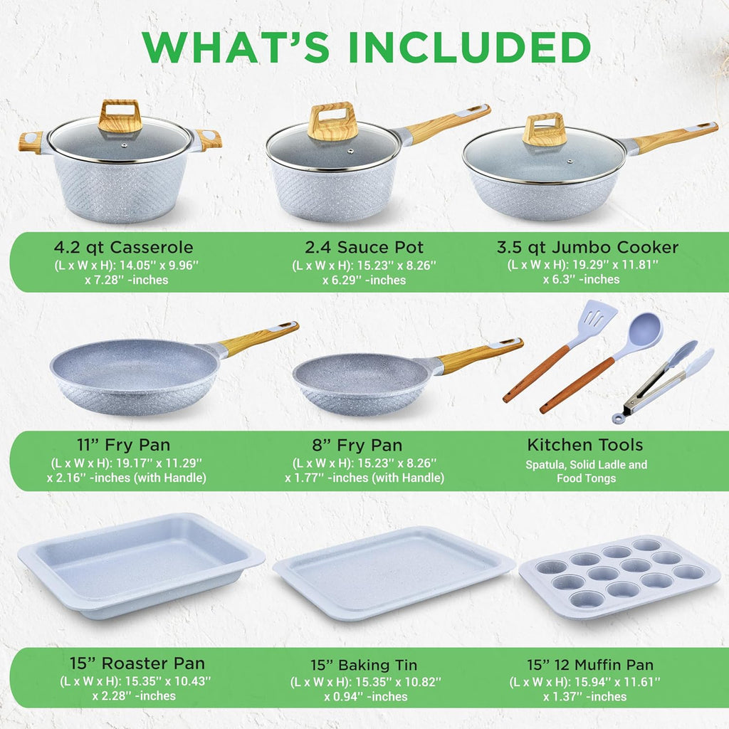 Nutrichef 22-Piece Cookware and Bakeware Set | Professional Home Kitchen Collection with Multi-Sized Pots, Pans, Non stick and Heat-Resistant Tools (Moon Grey Marble)