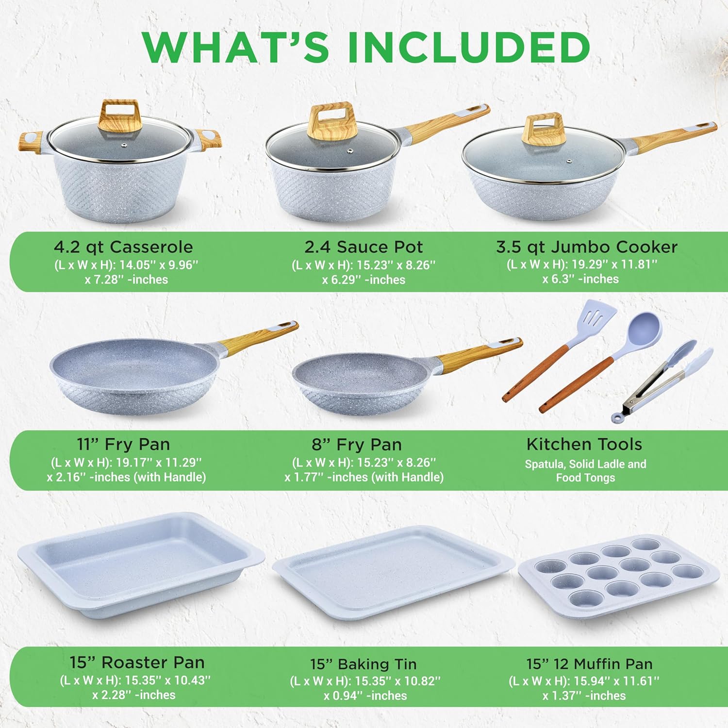 Nutrichef 22-Piece Cookware and Bakeware Set | Professional Home Kitchen Collection with Multi-Sized Pots, Pans, Non stick and Heat-Resistant Tools (Moon Grey Marble)