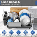 Stainless Steel Dish Drying Rack - Large Capcity 304 Grade Dish Drainer for Kitchen Counter with Drain Board, Utensil Holder & Detachable Cup Shelf, Rustproof Multifunctional Organizer