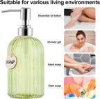16 OZ Soap Dispenser，Tempered Glass Clear Vertical Stripe with 304 Rust Proof Stainless Steel Pump Refillable Liquid Hand Soap Dispenser，for Bathroom, Kitchen, Dish Soap，Lotion (Green)
