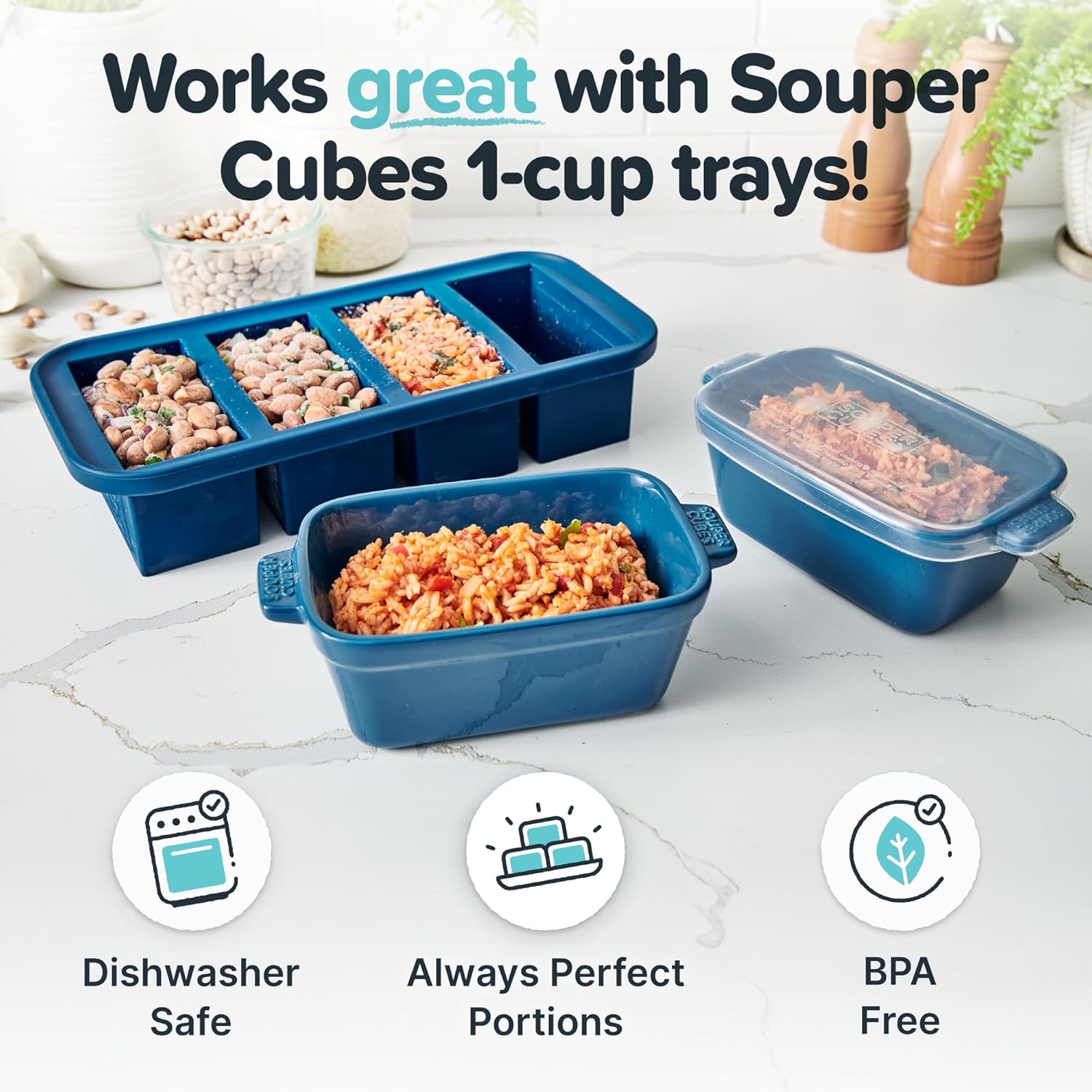 Souper Cubes Stoneware - Small Ceramic 5" x 3" Baking Dish with Silicone Covers, Small Baking Dishes for Oven Perfect for Reheating Single Serve Portions, Set of 4 - Blueberry