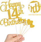 14th Birthday Cake Decorations, 14th Birthday Candles Cake Numeral Candles and Glitter Happy 14th Birthday Cake Toppers Set for Birthday Party Supplies (Gold)