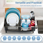 Stainless Steel Dish Drying Rack - Dish Drainer for Kitchen Counter, Extendable Drainboard with Foldable, Space-Saving Cup & Bowl Organizer, Includes Knife and Utensil Holder, Black