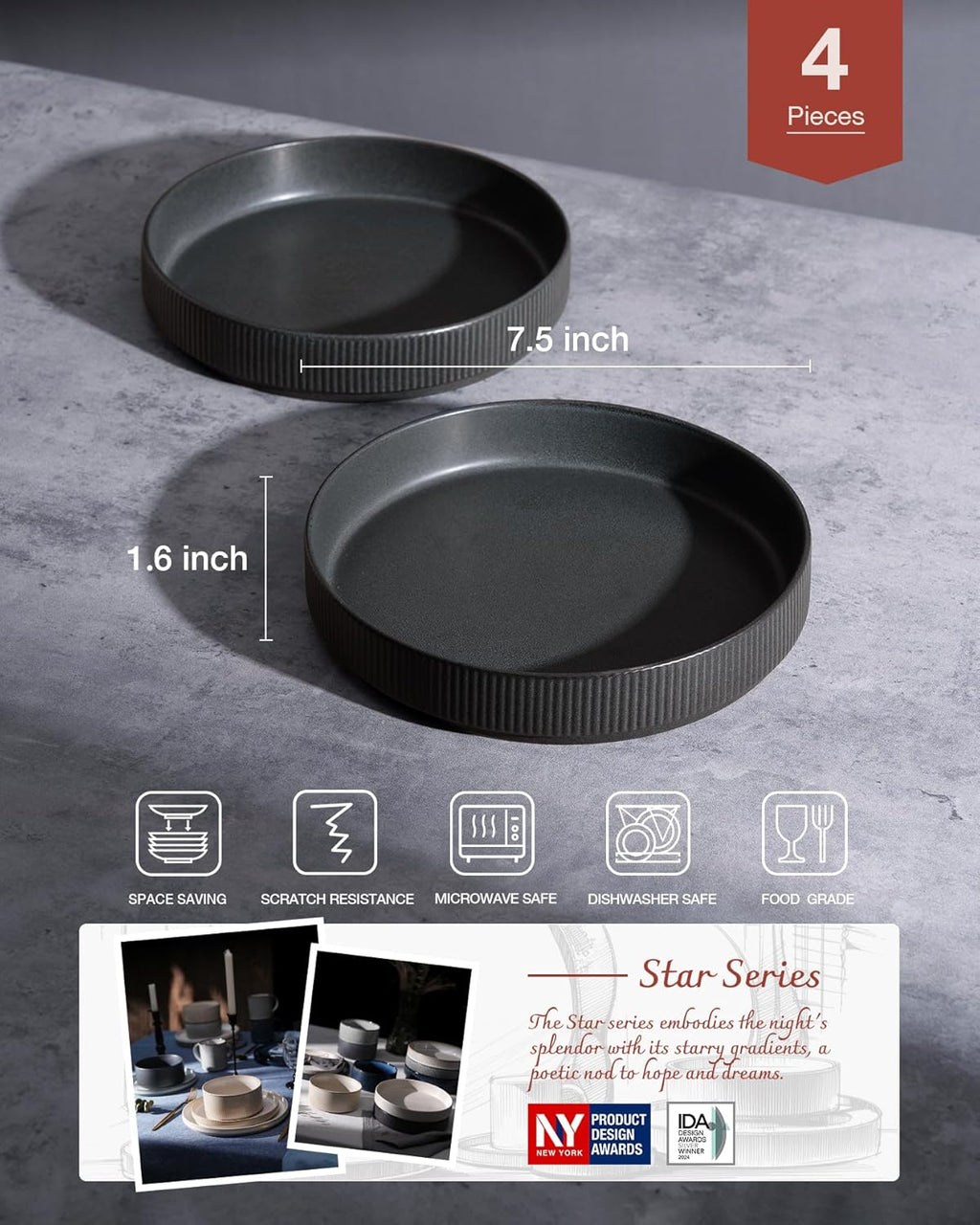 famiware Star 7.5" Pasta Bowls Set, Salad Bowl Set of 4, Double Reactive Glaze, Stackable, Ideal for Your Friend for Housewarming, Festivals, Matte Dark Charcoal (Full Glaze)