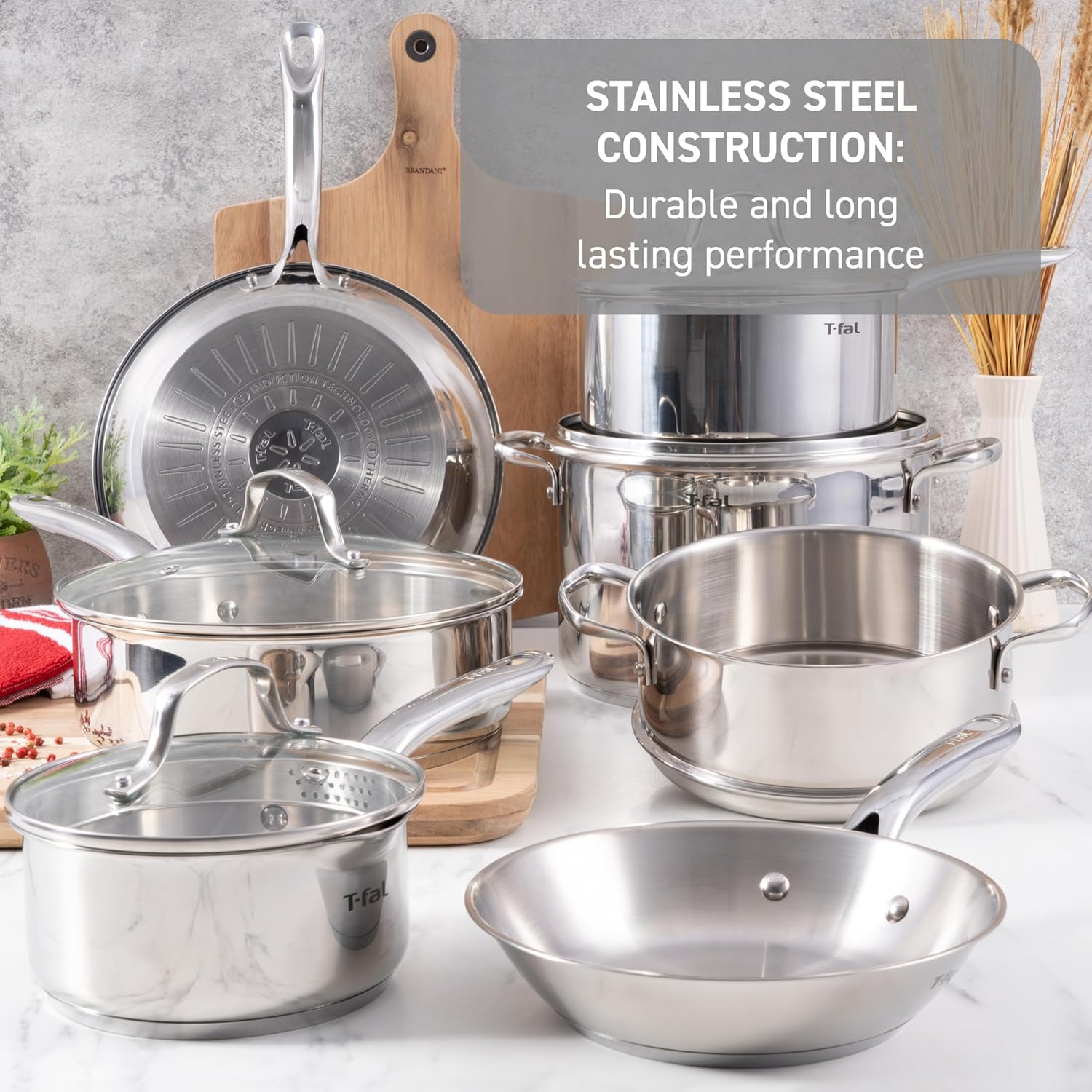 T-fal Stainless Steel Cookware Set 11 Piece, Induction, Oven Broiler Safe 500F, Kitchen Cooking Set w/Fry Pans, Saucepans, Saute Pan, Dutch Oven, Steamer, Pots and Pans, Dishwasher Safe, Silver