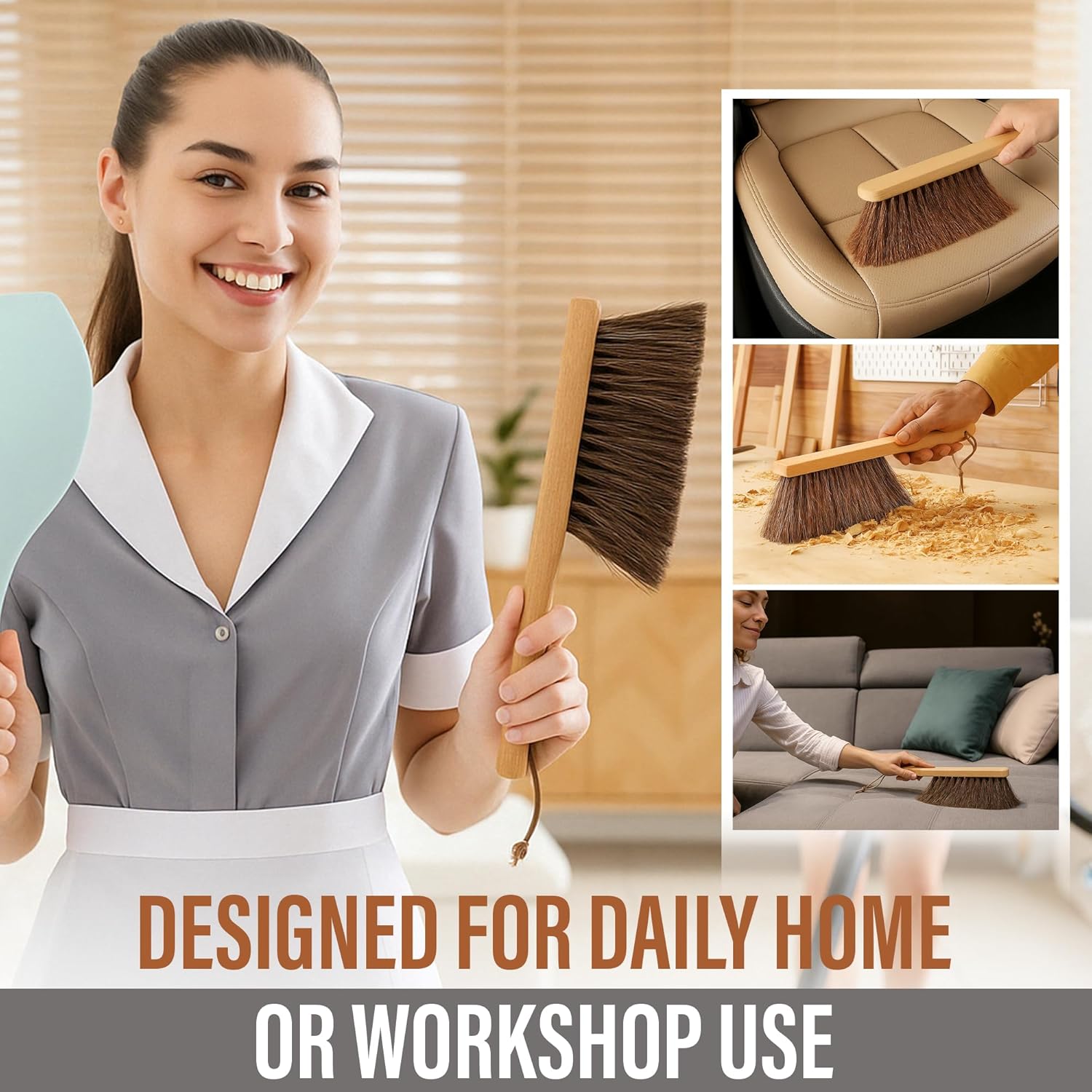 Takavu Multi-Purpose Counter Brush with Solid Wood Handle, Natural Horsehair Bristles for Gentle Dusting of Furniture, Drafting, Patio, Fireplace Cleaning, Shop Brush, Woodworking Tool & Accessories