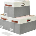Large Collapsible Fabric Storage Bins with 3 Handles, Foldable Organizer Baskets for Closet, Shelves, Living Room | 3 Pack, Durable PU & Metal Handles (14.9"x9.8"x9.8", Gray & White)