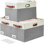 Large Collapsible Fabric Storage Bins with 3 Handles, Foldable Organizer Baskets for Closet, Shelves, Living Room | 3 Pack, Durable PU & Metal Handles (14.9"x9.8"x9.8", Gray & White)