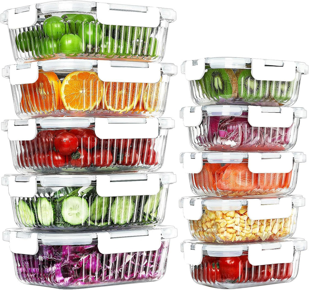 KOMUEE 10 Packs Glass Food Storage Containers Set, Glass Meal Prep Containers with Lids, Airtight Lunch Containers, Microwave, Oven, Freezer and Dishwasher Safe, White
