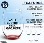 DISCOUNT PROMOS 10 ARC Stemless Wine Glasses Set, 21 oz. - Customizable Text, Logo - Chardonnay, Cabernet, Merlot, Sauvignon - Red