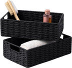 UBBCARE 2 Pack Wicker Basket, 11.5L×7.5H×3.5W inch Woven Paper Rope Storage Baskets for shelves, Foldable Rectangular Storage Baskets with Handle, Storage Basket for Organizing, Black