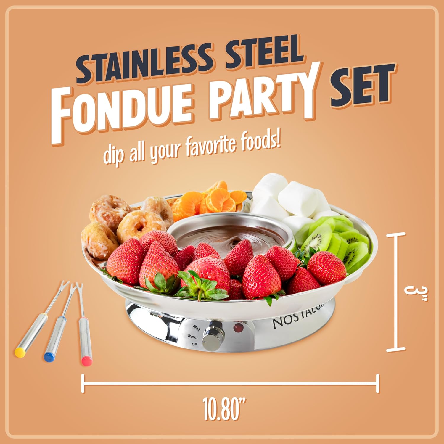 Nostalgia Electric Fondue Party Set – 10 oz Melting Pot, 4 Roasting Forks, & Detachable Serving Tray – Melted Cheese, Chocolate, or Dessert – Perfect for Gifts, Parties, Date Night – Stainless Steel