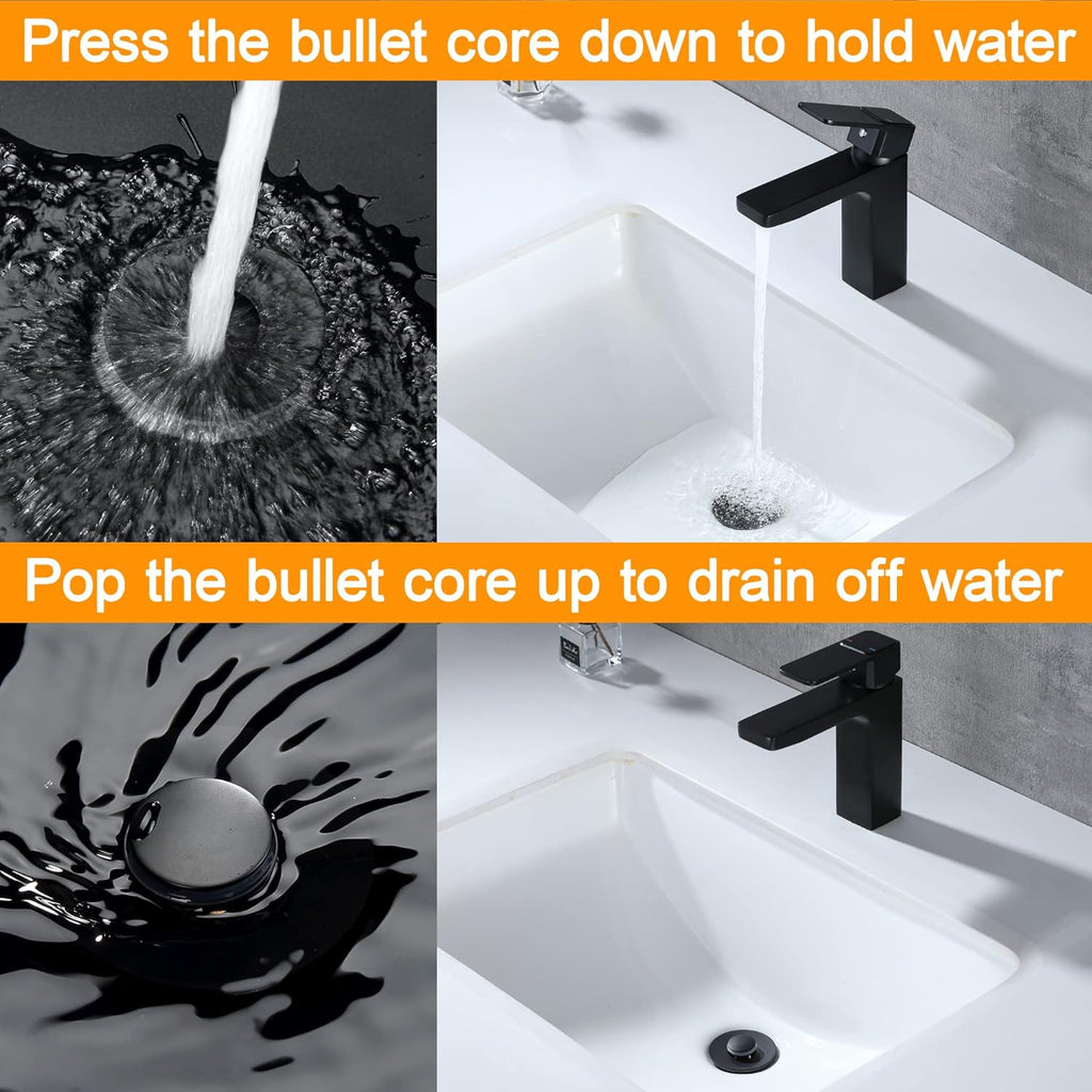 Black Bathroom Sink Drain Stopper, Sink Stopper Fits for 1.25" Drain Hole with 3 Rubber Rings, Anti Clogging Pop up Drain Filter Plug, Wash Basin Strainer with Basket, Matte Black