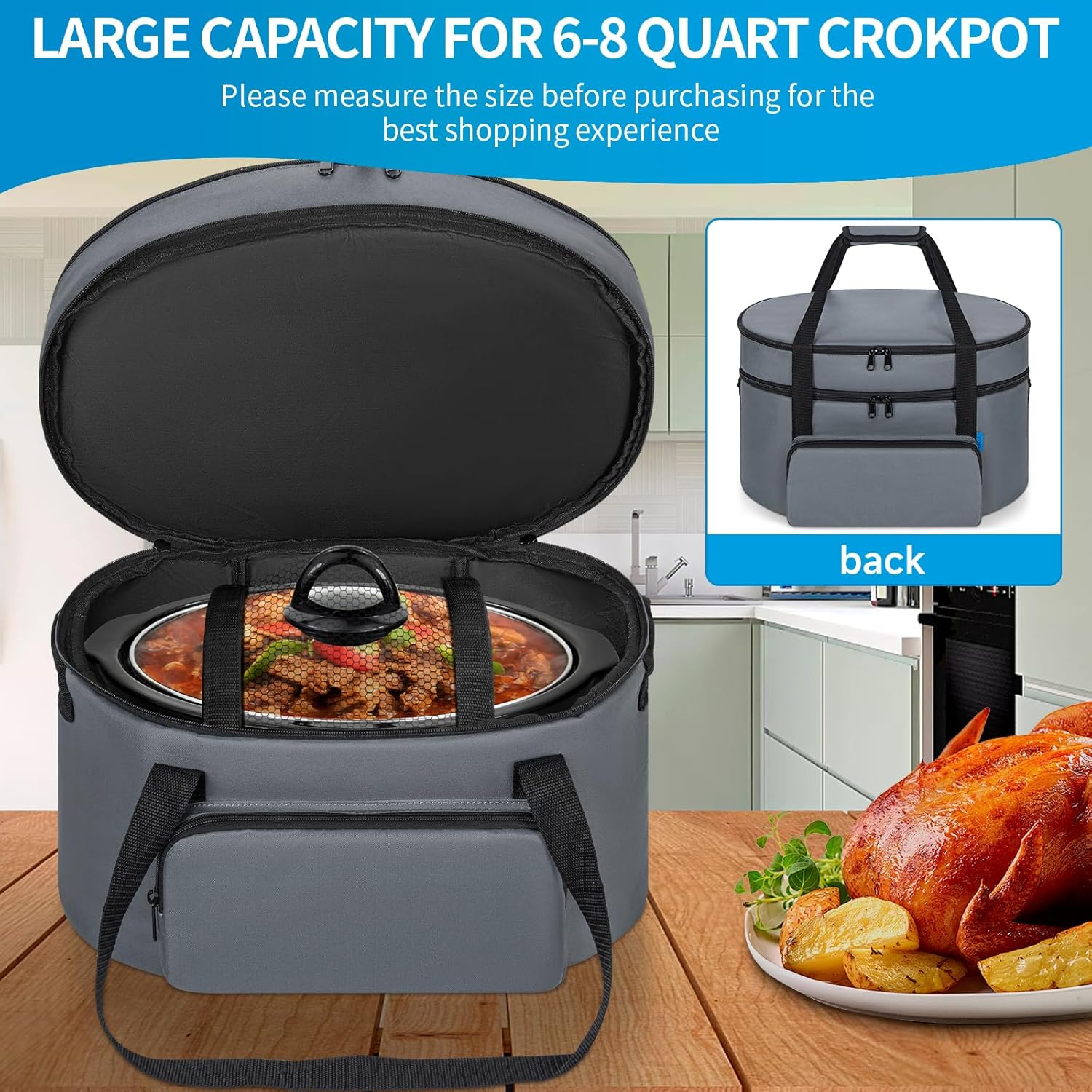 Double Layer Slow Cooker Travel Bag Compatible with 6, 7, 8 Quart Crock-Pot, Insulated Travel Carrier with Easy to Clean Lining, Grey