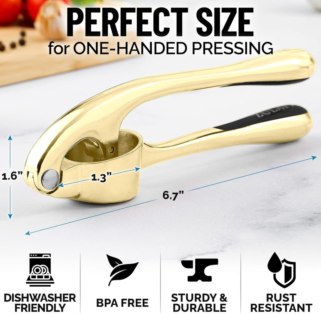 Zulay Kitchen Premium Garlic Press with Soft, Easy to Squeeze Handle - Includes Silicone Garlic Peeler & Cleaning Brush - 3 Piece Garlic Mincer Tool - Sturdy Easy to Clean Garlic Crusher (Gold)