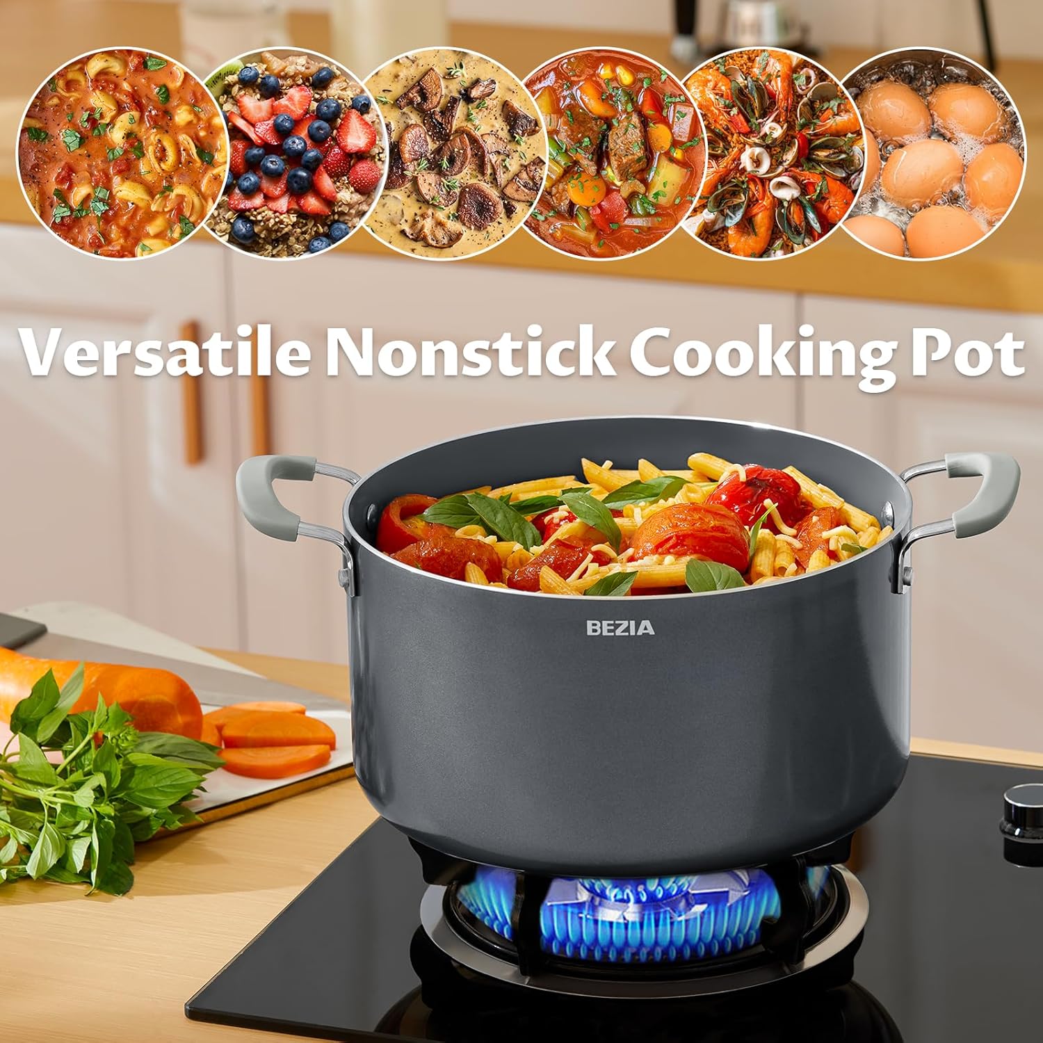 10 Quart Pot with Lid, BEZIA Ceramic Nonstick Stock Pot with Lid, Induction Ready, Large Cooking Pot with Silicone Handle, Compatible with All Cooktops, Dishwasher Safe