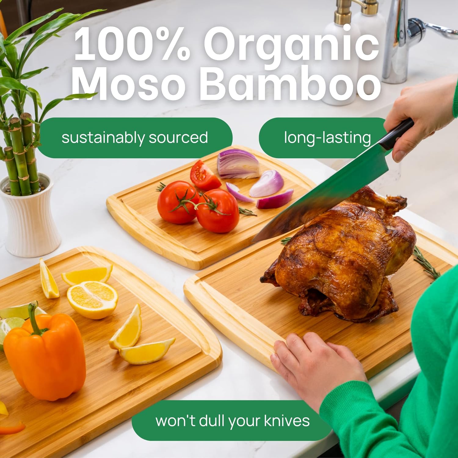 FSC® Certified Extra Large Bamboo Cutting Board Set, Organic Wood Cutting Boards for Kitchen with 67% Larger Surface, Non Toxic Cutting Boards with Lifetime Replacements